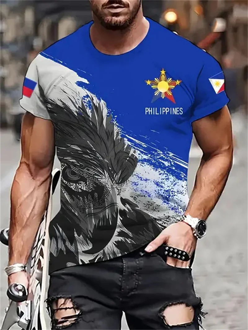Men'S Fashion Philippines - Erkek Filipinler Bayrağı Kartal Baskılı Tişört